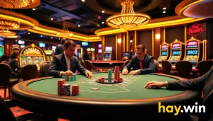 Engage with the excitement of hay.win at a luxurious casino with poker chips and roulette.