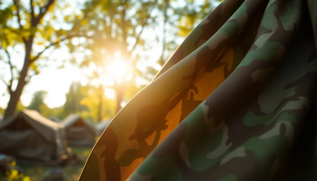 Bekijk camouflage stoffen met rijke texturen en gedetailleerde patronen in een buitenomgeving.
