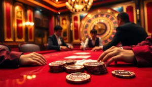 Experience the thrill of xin88 at a luxurious poker game with vibrant chips and cards.