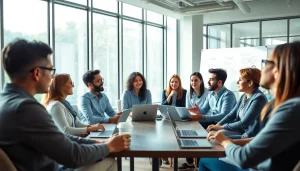 Engaging business coaching service session with diverse participants collaborating actively.