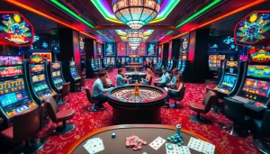 Players enjoying idnslot at a vibrant casino with colorful slot machines and roulette tables.