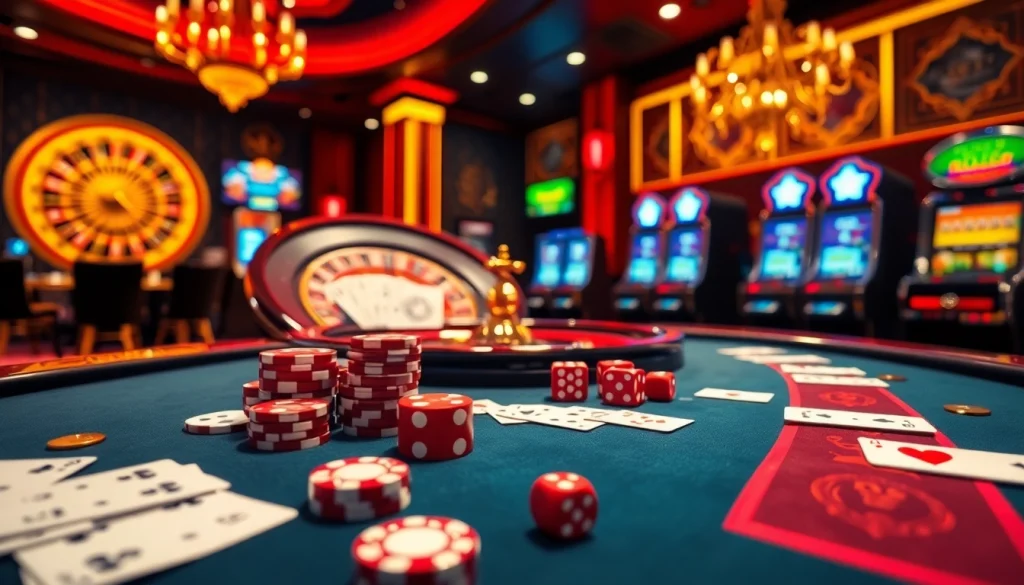 RIKVIP players enjoying an action-packed casino scene with poker chips and roulette.