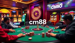 Players enjoying a game of poker at a luxurious casino table featuring cm88 chips and vibrant atmosphere.