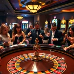 BK8 players engaging at a luxurious casino roulette table with chips and cards.
