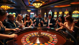 BK8 players engaging at a luxurious casino roulette table with chips and cards.