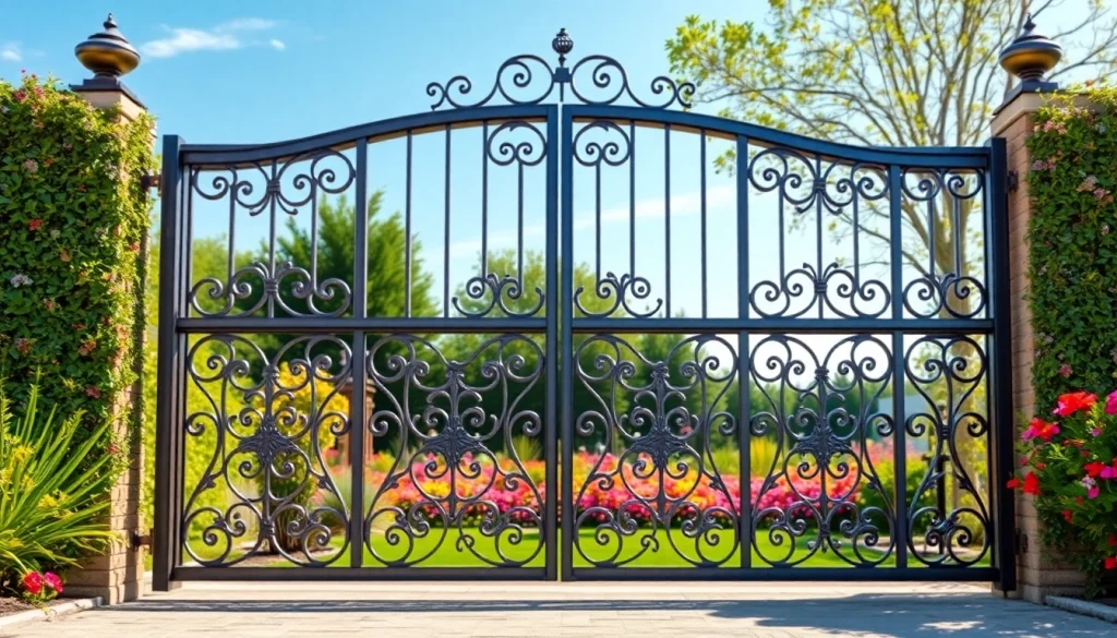 Stylish custom steel gates featured in a vibrant garden landscape, showcasing their intricate design.