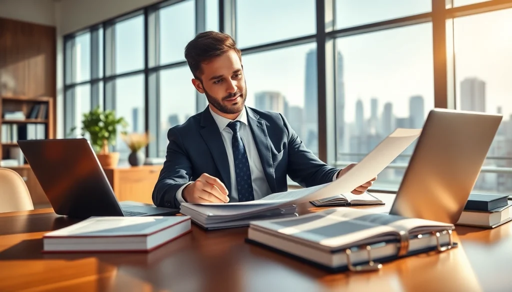 Real estate lawyer examining legal documents in a well-lit office with an urban backdrop.