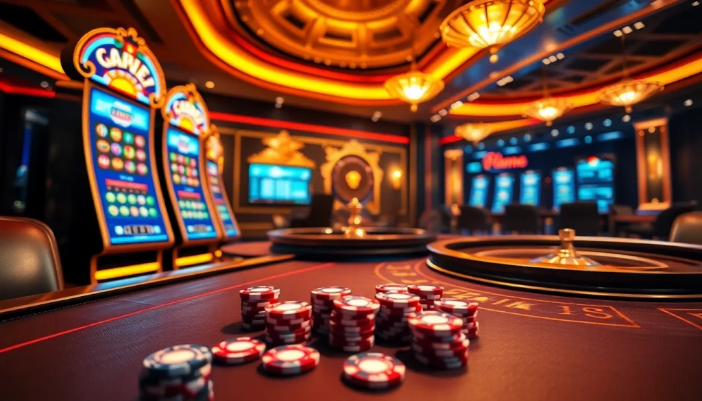 Sbobet login interface displayed within a luxurious online casino environment, featuring vibrant slot machines and poker chips.