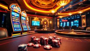 Sbobet login interface displayed within a luxurious online casino environment, featuring vibrant slot machines and poker chips.