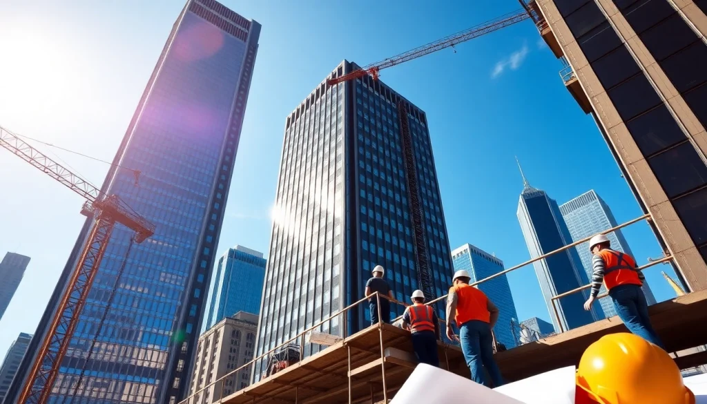 A bustling New York City General Contractor team constructing a high-rise, capturing the city's vibrant energy.
