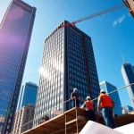 A bustling New York City General Contractor team constructing a high-rise, capturing the city's vibrant energy.