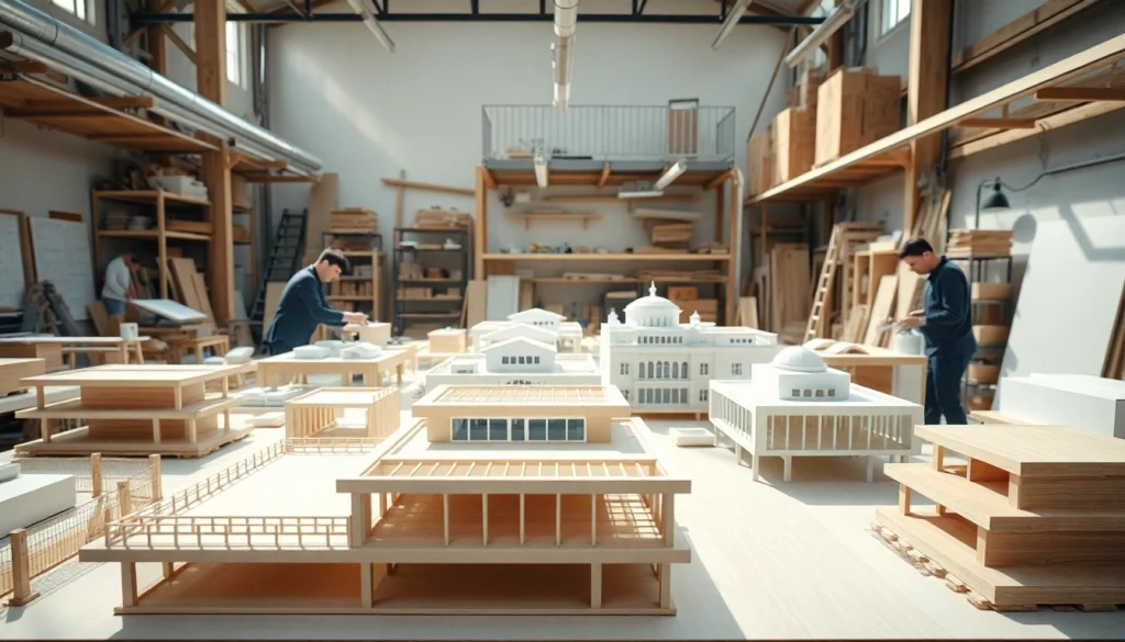 Architekturmodellbau Wiesbaden: Detaillierte Modelle in einem kreativen Arbeitsumfeld präsentieren.