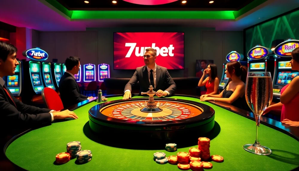 7upbet players enjoying a vibrant casino atmosphere at a roulette table with chips and drinks.