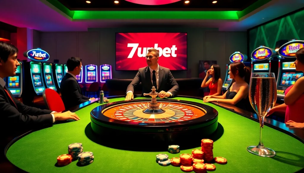 7upbet players enjoying a vibrant casino atmosphere at a roulette table with chips and drinks.