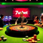 7upbet players enjoying a vibrant casino atmosphere at a roulette table with chips and drinks.