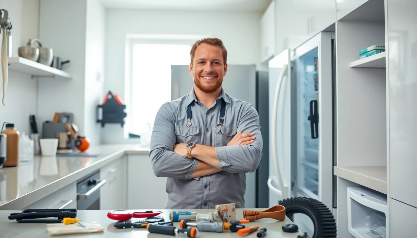 Skilled technician performing refrigerator repair in Ottawa's clean and modern kitchen setting.