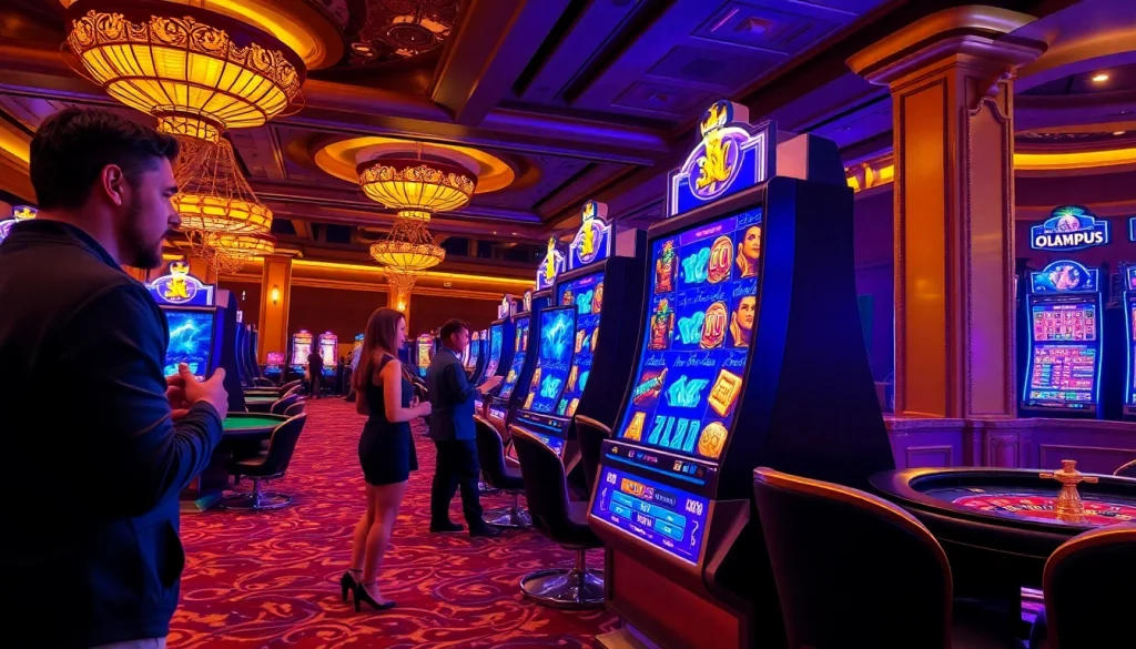 Pemain menikmati sensasi mesin slot Olympus 1000 dalam suasana kasino mewah.