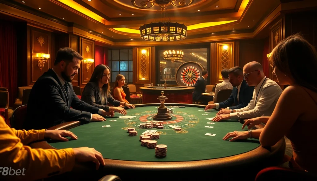 Experience high-stakes excitement at F8bet’s luxurious gaming tables and vibrant roulette wheel.