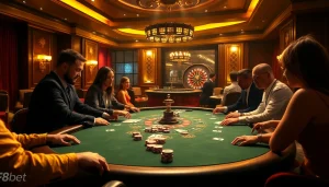 Experience high-stakes excitement at F8bet’s luxurious gaming tables and vibrant roulette wheel.