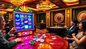 Aksi seru deposit pulsa slot tanpa potongan dengan mesin slot berwarna-warni di suasana kasino yang hidup.