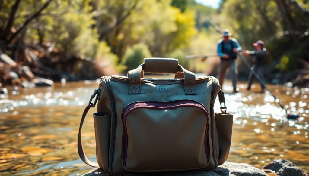 Examine a durable fly fishing bag positioned near a tranquil stream, perfect for anglers on the go.