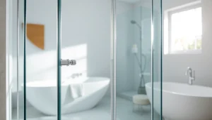 Showcase of a sleek shower screen door with elegant design in a modern bathroom setting.