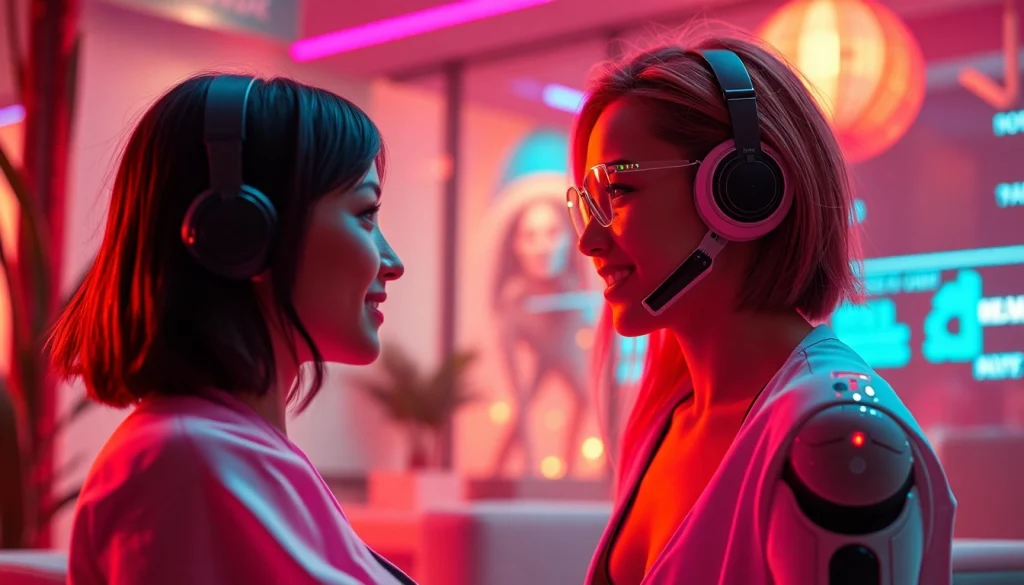 Engaging scene of users interacting with NSFW AI chatbots in a vibrant and modern environment.