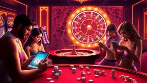 Play an exciting mobile porn game within a luxurious casino setting featuring colorful slot machines and interactive characters.