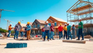 Engaged workers enhancing Austin construction at a vibrant building site under blue skies.