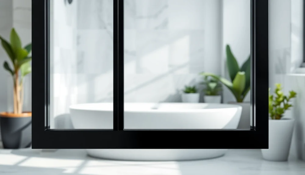 Elegant black shower door black frame enhancing a modern bathroom design with natural light.