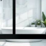 Elegant black shower door black frame enhancing a modern bathroom design with natural light.