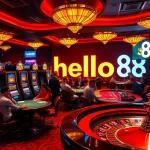 hello88 players enjoying thrilling casino games with poker chips and vibrant slot machines.