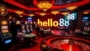 hello88 players enjoying thrilling casino games with poker chips and vibrant slot machines.