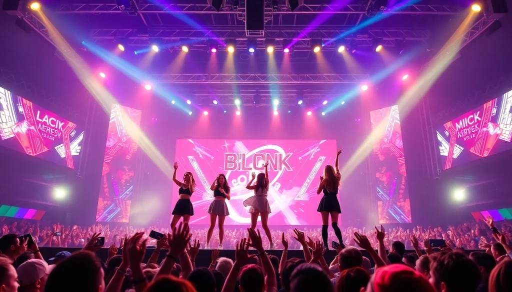 BLACKPINK news showcasing the iconic K-pop group performing live at a concert, highlighting their energetic stage presence.