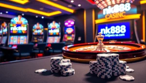 Experience thrilling gameplay at https://nk88.sa.com/ with vibrant casino visuals featuring poker chips and roulette.