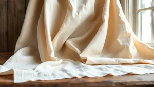 Hoogwaardige linnen stoffen prachtig gepresenteerd op een rustieke houten tafel, perfect voor elk project.