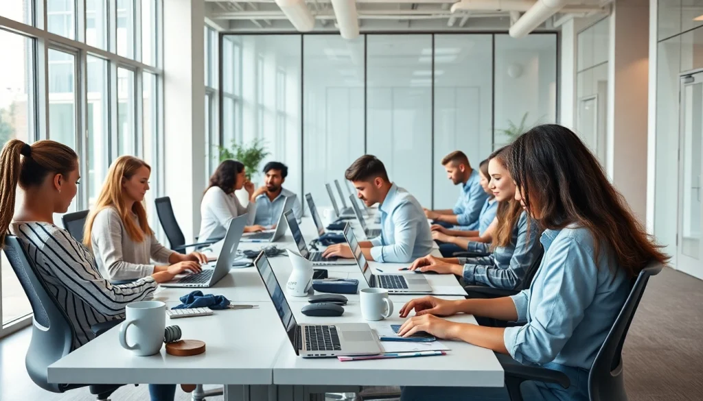 Enhance productivity at a typing center with a diverse group typing in a bright office.