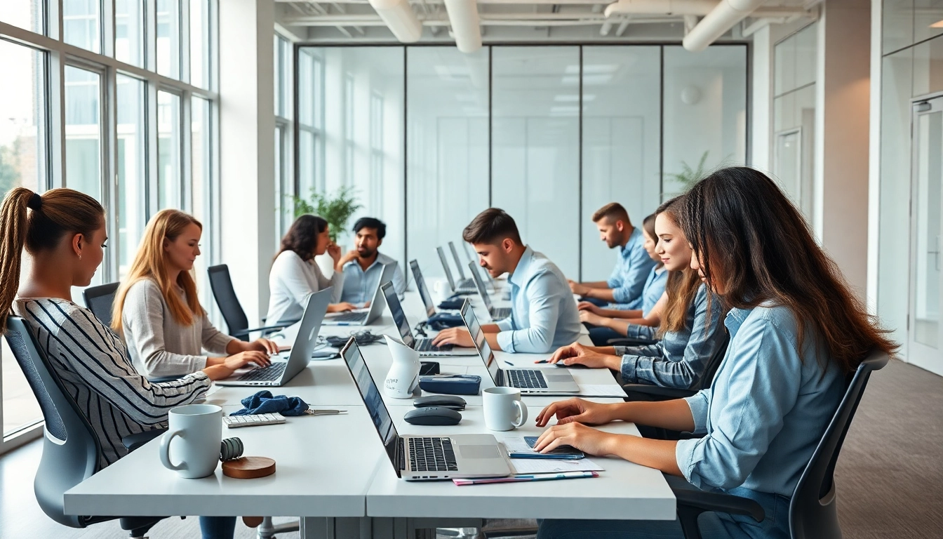 Enhance productivity at a typing center with a diverse group typing in a bright office.