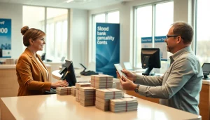 Membantu deposisi 1k dengan teller bank di latar bank yang cerah.