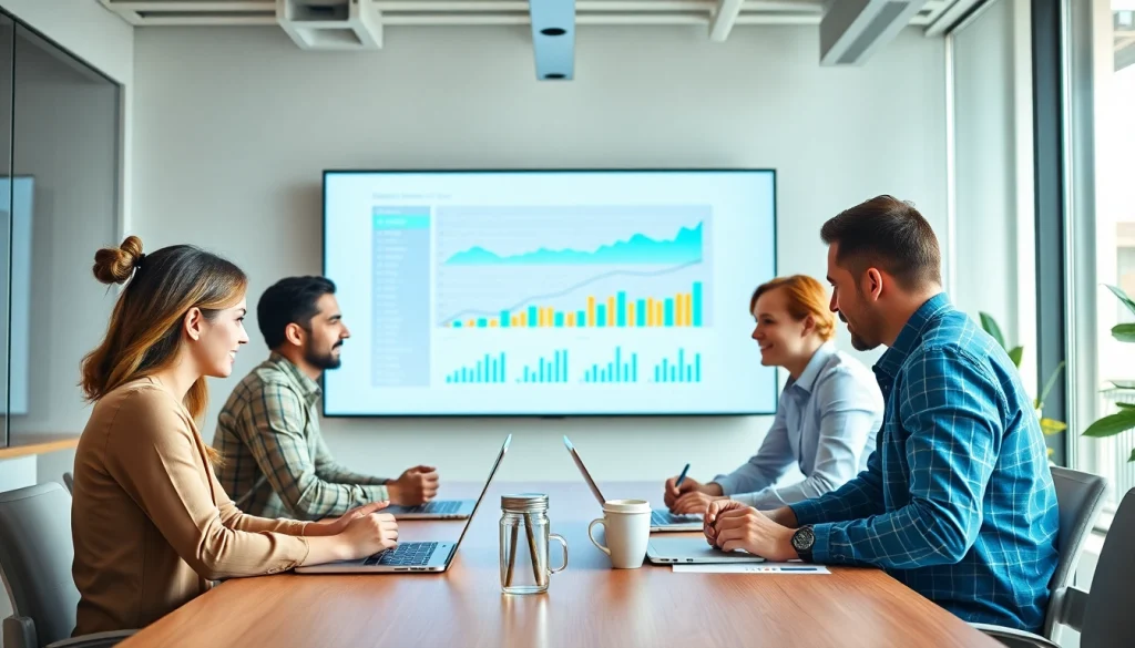 avral.net와 관련된 마케팅 팀이 동적인 사무실 환경에서 협력하는 모습