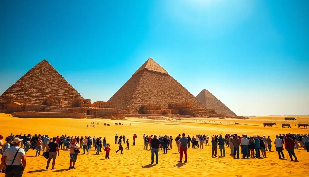 Pyramids of piraminds towering against a blue sky, captivating tourists in awe.