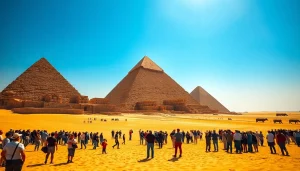 Pyramids of piraminds towering against a blue sky, captivating tourists in awe.