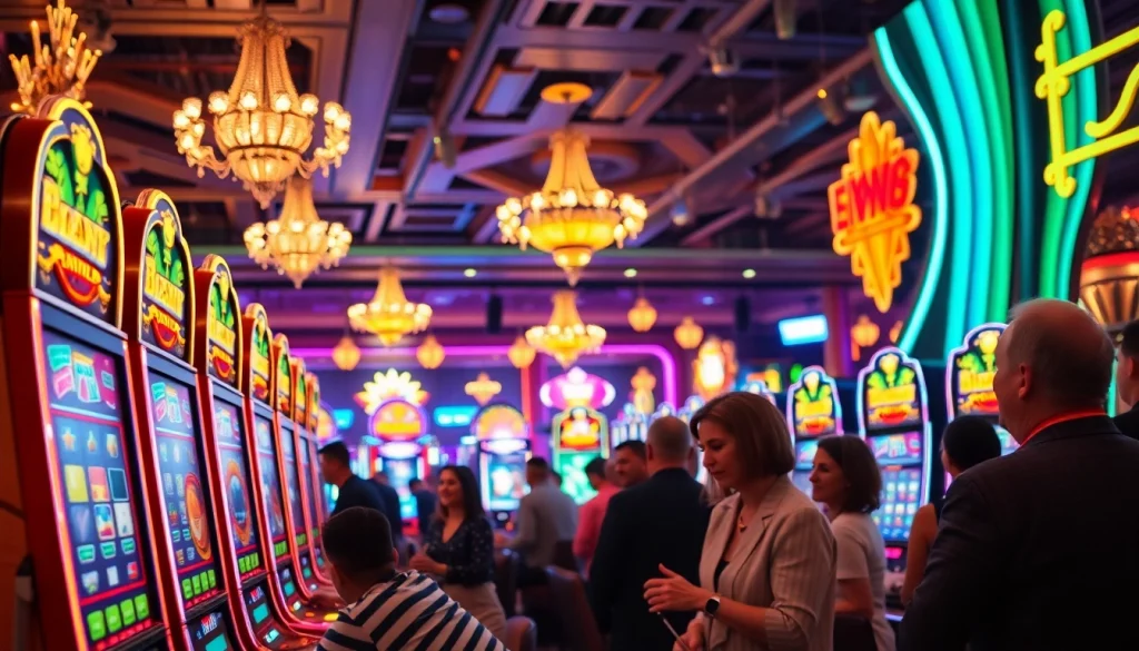 Menampilkan brio4d saat pelanggan menikmati permainan slot di kasino yang mewah