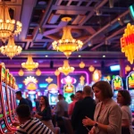 Menampilkan brio4d saat pelanggan menikmati permainan slot di kasino yang mewah