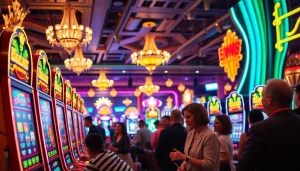 Menampilkan brio4d saat pelanggan menikmati permainan slot di kasino yang mewah