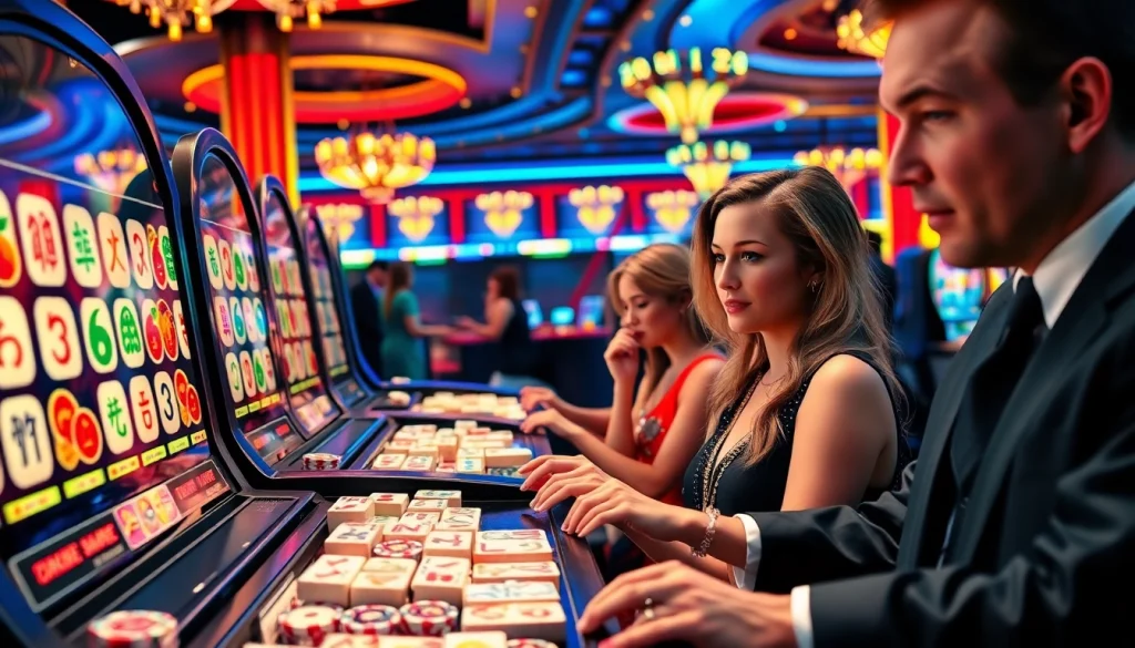 Engage with a thrilling slot demo mahjong experience amidst a luxurious casino setting.