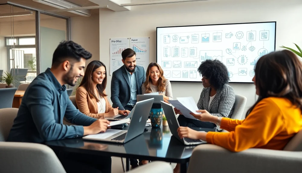 专业团队在现代办公室协同工作，使用wps官网进行文档编辑。