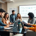 专业团队在现代办公室协同工作，使用wps官网进行文档编辑。