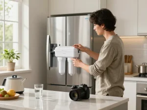 Installing the Waterdrop EDR4RXD1 Refrigerator Water Filter in a bright kitchen.