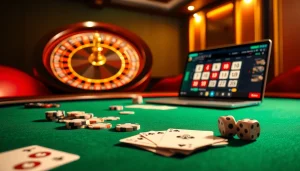 Scène engageante de casino en ligne France avec une table de casino vibrante, une roue de roulette et des jetons de poker.